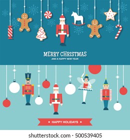 Sweets and toys christmas ornaments flat vector banners/illustrations set