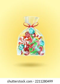 Dulces en una bolsa transparente atados con una cinta roja sobre un fondo dorado. Regalo de caramelos para navidad, año nuevo, cumpleaños. Ilustración vectorial editable EPS 10
