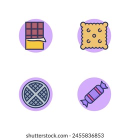 Conjunto de iconos de línea de dulces y golosinas. Barra de chocolate en papel de aluminio, galletas clásicas, tarta de manzana, dulces. Deliciosas golosinas y postres concepto. Ilustración vectorial para Diseños web y App