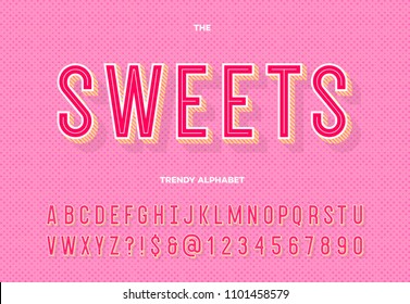 Sweets trendy alphabet. Typeface modern typography sans serif style for party poster, printing on fabric, t shirt, promotion, decoration, stamp, label, special offer. Cool font. Vector 10 eps