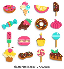 Sweets trendy children party treats flat colorful icons collection with donuts ice cream candies isolated icons illustration 