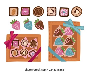 Sweets for Valentine s Day. Handmade sweets and chocolate-covered strawberries. Sweets in gift packages. Decorative elements for Valentine s Day, Mother s Day, Women s Day and etc. Vector illustration