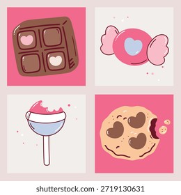 Dulces para San Valentín. Chocolate, caramelos, chupas y galletas.