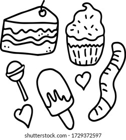 sweets vector illustration. graphic image of a cake piece of cake, marmalade worm. set of goodies