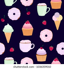 Sweets vector illustration isolated on background. Donut, cupcake, ice cream, cup of coffee icon in a flat style. Seamless pattern, background, card, poster. Template for design.