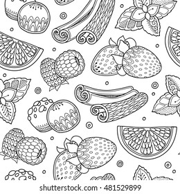 Sweets vector seamless pattern in doodle style. Floral, ornate, decorative, food, spice design elements. Black and white illustration. Berries, mint, cinnamon, citrus,. Zentangle coloring book page