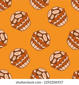 Sweets vector seamless pattern with peanut caramel candy. Cute hand drawn chocolate Brazilian brigadeiro dessert. Seamless background for sweet shop, confectionery, pastry, packaging paper, birthday