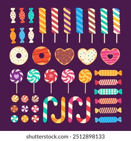 Set de Vector de dulces. Colección de galletas de diseño plano, caramelos, dulces, donas, piruletas, malvaviscos retorcidos.