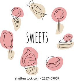 Sweets, vector set. Hand drawn sketch and colored spots. Ice cream, candy, cake, cupcake and cookie. In the center is the inscription Sweets.