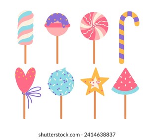 Sweets vector set. Round spiral lollipop, cake pop, marshmallow. Candies in the shape of heart, star, watermelon slice. Tasty caramel on a stick for kids. Flat cartoon clipart for posters, print, web