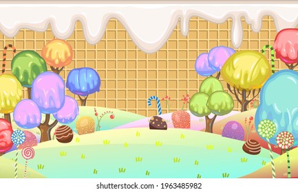 Sweets. Waffle wall with drips of milk cream. Trees with vanilla cream, ice cream and jelly. Chocolate with nuts and marmalade in sugar. Sweet fairy forest. Vector