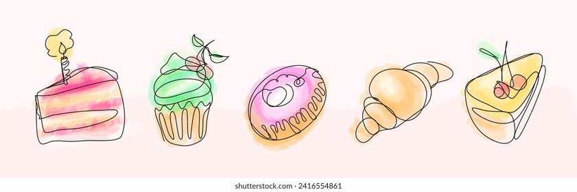 Sweets in watercolour and continuous line art style with editable stroke isolated on white background. Hand drawn artwork with a pair pieces of cake, cupcake, donut, croissant.