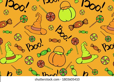 Sweets and witch halloween seamless pattern. Witch hat,pumpkin bucket  and sweets elements for Halloween party. Print design  for fabric, textile, wallpaper, wrapping paper,  background