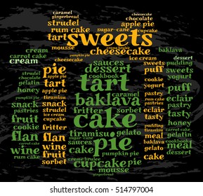 Sweets. Word cloud, box with a gift, grunge background. Give the gift of joy.