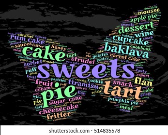 Sweets. Word cloud, butterfly, grunge background.  Food concept.