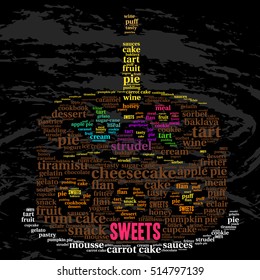 Sweets. Word cloud, celebration cake with a candle, grunge background. Food concept.