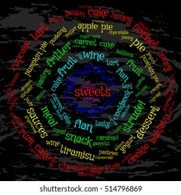 Sweets. Word cloud, circle Maya, grunge background. The magic of food.