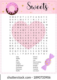 Sweets Word Search Puzzle. Educational Game For Kids And Adults.  Party Card. Worksheet For Learning English. Valentine's Day Activity Page. 