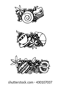 Sweets,desserts,cup of coffee,cherry,croissant,macaroon. Set of isolated elements for decoration.Design elements for cafe or bakery. Black and white hand drawing for menu. Vector doodle illustration. 