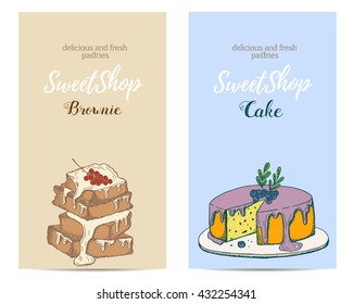 Sweetshop cards. Brownie and cake illustration.Vector illustration sketch of dessert.Icon of hand drawn cakes. Fresh organic food. Cafe menu,bakery logo.Chocolate collection.