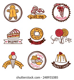 Sweetshop confectionary cake store donuts desserts symbols and ice-cream emblems labels  collection sketch abstract isolated vector illustration