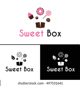 Sweetshop confectionary cake store donuts desserts symbols and ice-cream emblems labels collection sketch abstract isolated vector illustration