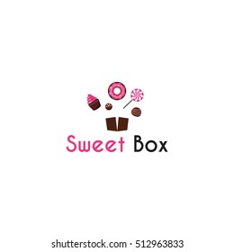 Sweetshop confectionary cake store donuts desserts symbols and ice-cream emblems labels collection sketch abstract isolated vector illustration