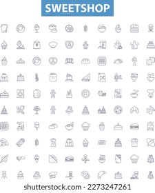 Sweetshop line icons, signs set. Candy, Sweet, Confectionery, Chocolates, Toffee, Caramel, Gummies, Pralines, Pastries outline vector illustrations.