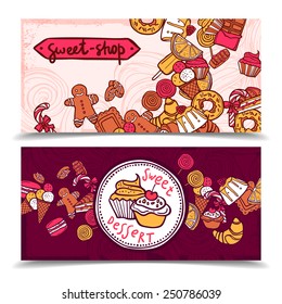 Sweetshop vintage chocolate cupcakes desserts confectionary store ginger boy cookies horizontal banners set abstract isolated vector illustration