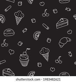 Sweet-stuff vector seamless pattern. White doodles. Black background. Vector illustration.