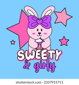 SWEETY AND GIRLY BUNNY, ILLUSTRATION OF A RABBIT EATING A CUPCAKE, SLOGAN PRINT VECTOR