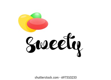 Sweety hand lettering with candy, brush ink calligraphy, vector type design, isolated on white background.