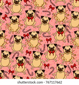 Sweety pattern with cute pug, lollipops, bows and lights. Vector background with funny animal. Happy Holidays. Merry Christmas. 