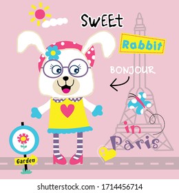 sweety rabbit in the paris city funny animal cartoon,vector illustration