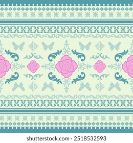 Sweety Roses Garden Blossom with Butterfly Decoration Embroidery Seamless Pattern Vector. Botanical Nature Design Pink and Green Mint Pastel Color.
Scroll Weaves Handcraft , Carpet, Fabrics, Kebaya.