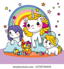 sweety unicorn with best friends vector illustration