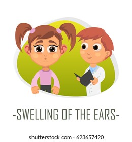 Swelling of the ears medical concept. Vector illustration. Doctor and patient are talking in the hospital. Isolated on white background.