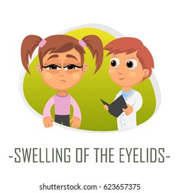 Swelling Of the eyelids medical concept. Vector illustration. Doctor and patient are talking in the hospital. Isolated on white background.