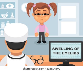 Swelling Of the eyelids medical concept. Vector illustration. Doctor and patient are talking in the hospital. Isolated on white background.
