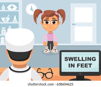 Swelling in feet medical concept. Vector illustration. Doctor and patient are talking in the hospital. Isolated on white background.