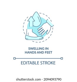 Inflamación en las manos y pies, icono del concepto turquesa. Edema de brazos y piernas idea abstracta ilustración de línea delgada. Dibujo de contorno aislado. Trazo editable. Fuentes Roboto-Medium, Myriad Pro-Bold utilizadas
