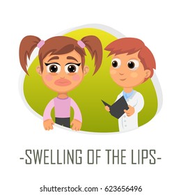 Swelling of the lips medical concept. Vector illustration. Doctor and patient are talking in the hospital. Isolated on white background.