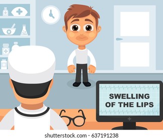 Swelling of the lips medical concept. Vector illustration. Doctor and patient are talking in the hospital. Isolated on white background.