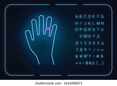 Swelling neon light icon. Weight gain. Swollen finger. Bloating on arm. Hand inflation. Predmenstrual syndrome symptom. Glowing sign with alphabet, numbers and symbols. Vector isolated illustration