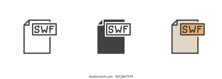 SWF file different style icon set. Line, glyph and filled outline colorful version, outline and filled vector sign. Symbol, logo illustration. Vector graphics