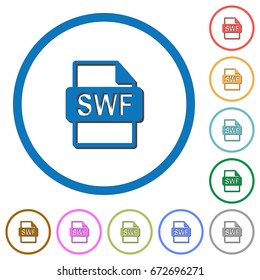 SWF file format flat color vector icons with shadows in round outlines on white background