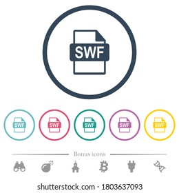 SWF movie format flat color icons in round outlines. 6 bonus icons included.