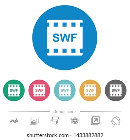 SWF movie format flat white icons on round color backgrounds. 6 bonus icons included.