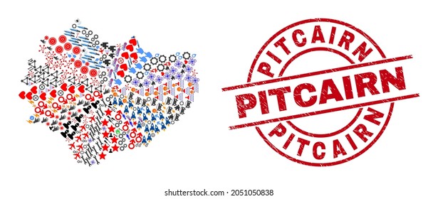 Swietokrzyskie Voivodeship map collage and rubber Pitcairn red circle seal. Pitcairn seal uses vector lines and arcs. Swietokrzyskie Voivodeship map collage contains markers, homes, screwdrivers,