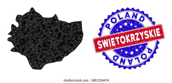 Swietokrzyskie Voivodeship map polygonal mesh with filled triangles, and distress bicolor seal. Triangle mosaic Swietokrzyskie Voivodeship map with mesh vector model, triangles have different sizes,
